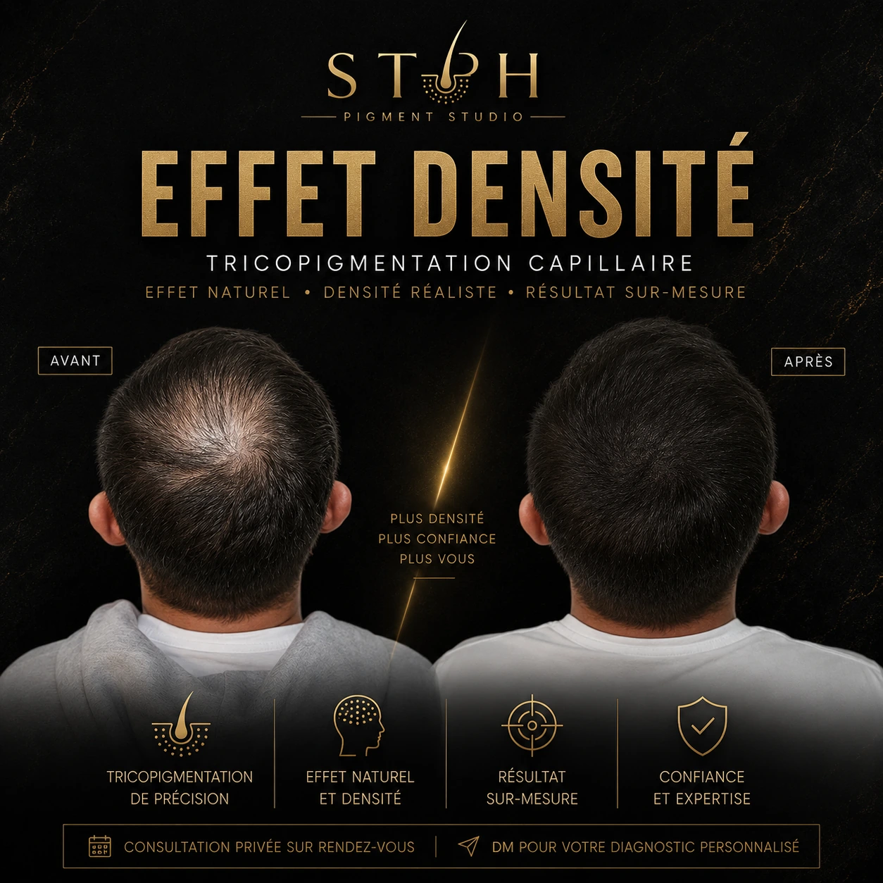 Visuel STPH effet densité : comparaison avant et après au sommet du crâne, vue arrière