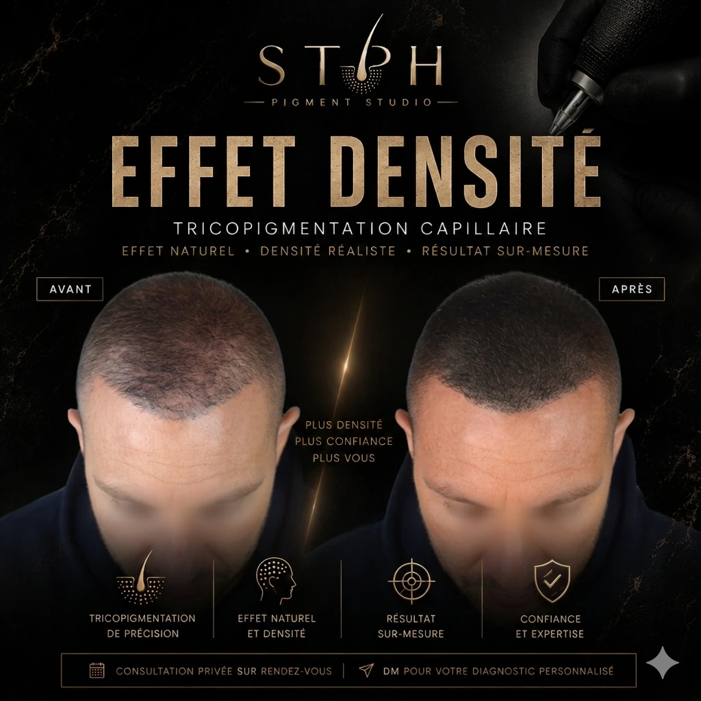 Visuel STPH effet densité : comparaison avant et après sur cheveux courts, vue de dessus