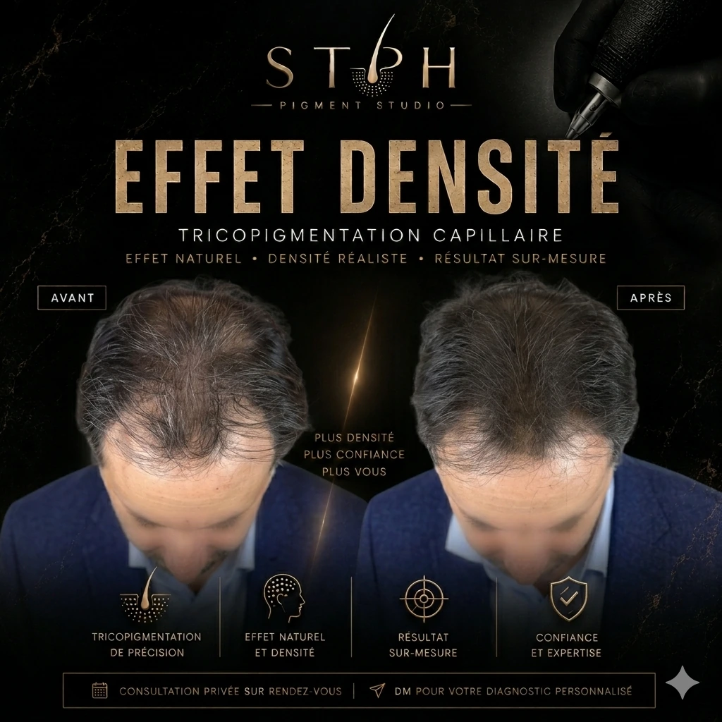 Visuel STPH effet densité : comparaison avant et après du dessus du crâne, cheveux longs