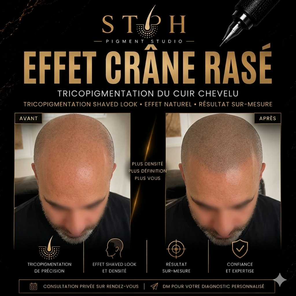 Visuel STPH effet crâne rasé : comparaison avant et après sur le dessus du crâne