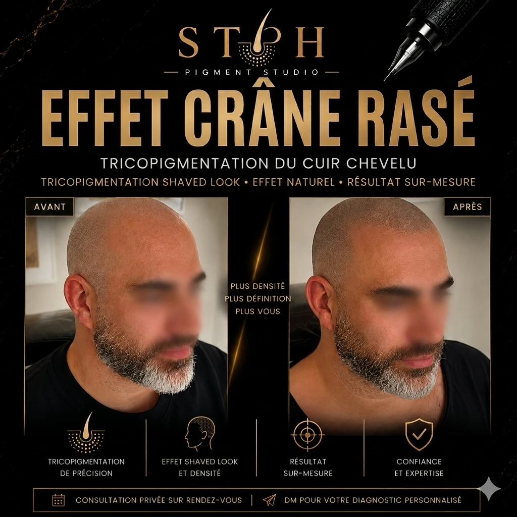 Visuel STPH effet crâne rasé : comparaison avant et après du cuir chevelu, vue de trois quarts