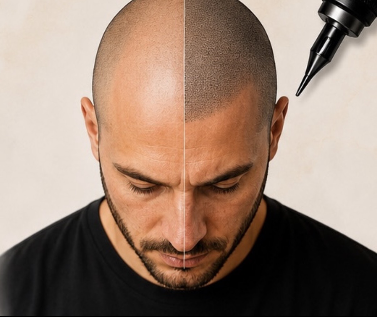 Avant après de tricopigmentation sur la même tête, avec effet crâne rasé naturel